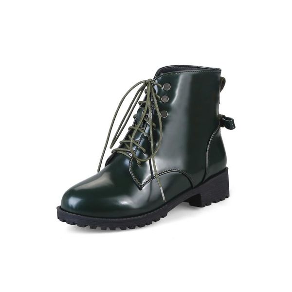 

front lace-up boots varnished women's short boots 40-46 size low heel autumn and winter women's shoes, Black