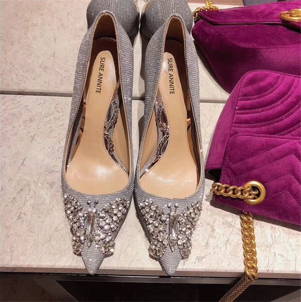 

2020 summer luxury butterfly crystal designer high heels shoes women pumps runway brand pointed toe ladies party sandals shoes, Black