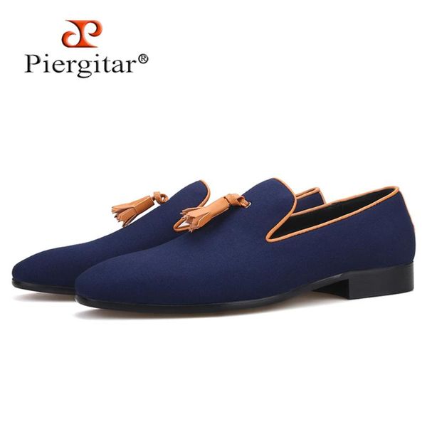 

piergitar new two colors men canvas shoes with leather tassel handmade men's loafers wedding and party male smoking slippers, Black