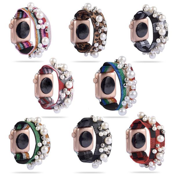 

pearl watch band leopard/colorful stripe/grid nylon elastic watch band iwatch 5/4/3/2/1 8 colors