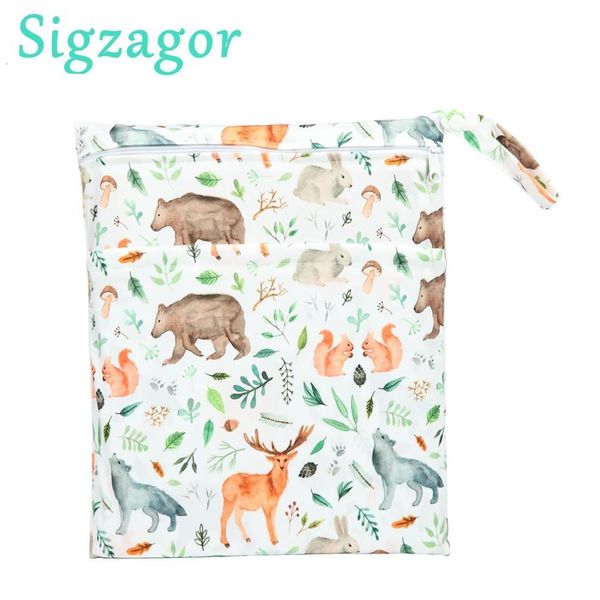 

sigzagor]wet dry bag with two zippered for baby diapers nappies waterproof reusable 36cmx29cm