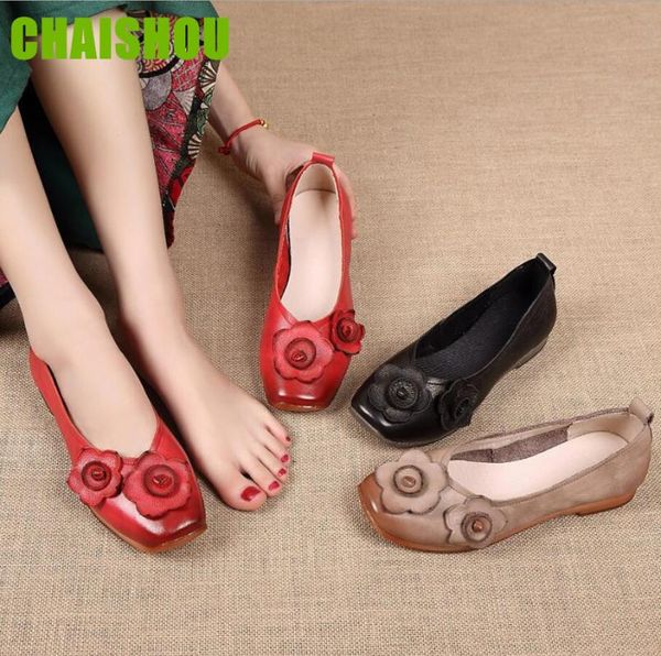 

2020 new women genuine leather footwear ballet flat shoes vintage flowers comfortable soft bottom loafers zapatos mujer d132, Black