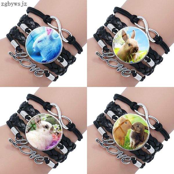 

vintage plated jewelry glass cabochon multilayer black leather lobster bracelet bangle for cute animal, Golden;silver