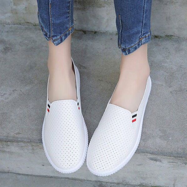 

white flats woman loafers breathable cut-out pu leather slip on women flat shoes low heels ladies casual shoes women sneakers, Black