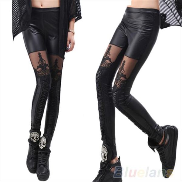 

fashion women lace up faux pu leather lace leggings pants 0imn 9beg drop shipping, Black