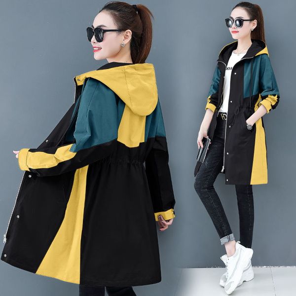 

2020 new spring autumn long trench coat women's loose color matching hooded windbreaker female outerwear plus size clothes j39, Tan;black
