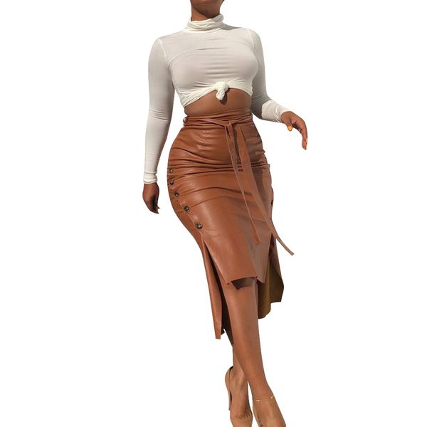 

women pu leather skirts modern fashion pencil skirt knee length skinny bodycon dress side spilt design skirts ol clothing, Black