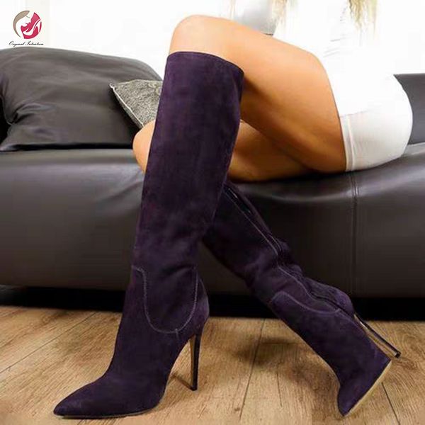 

original intention super purple knee high boots woman pointed toe thin high heels elegant lady shoes winter large size 4-15, Black
