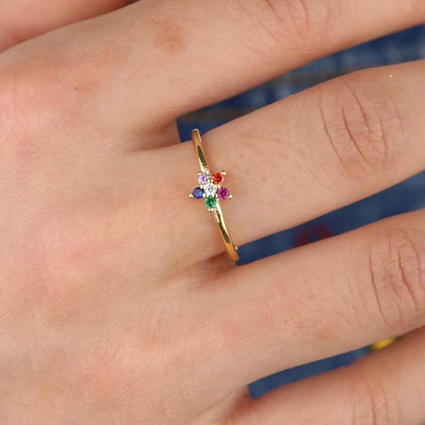 

promotion drop shipping jewelry simple delicate cute ring thin gold color band colorful cz paved fashion trendy ring, Golden;silver