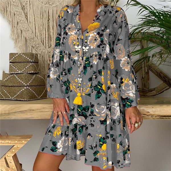 

swing dress v neck long sleeve loose fashion dress famale casual clothing ladies flower big, Black;gray