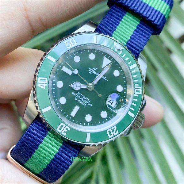 

summer leisure 40mm leisure men's watch green dial waterproof watch sapphire crystal glass ceramic bezel multicolor canvas strap 0924, Slivery;brown