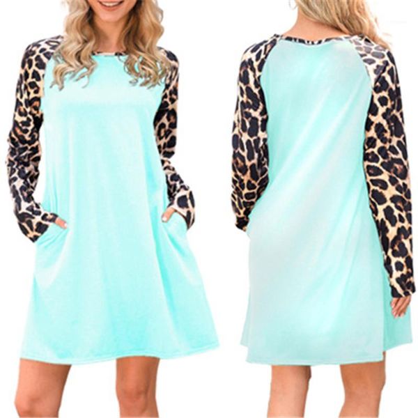 

sleeve dress fashion new contrast pocket holiday dress summer designer female beach round neck loose casual dresses women leopard long, Black;gray