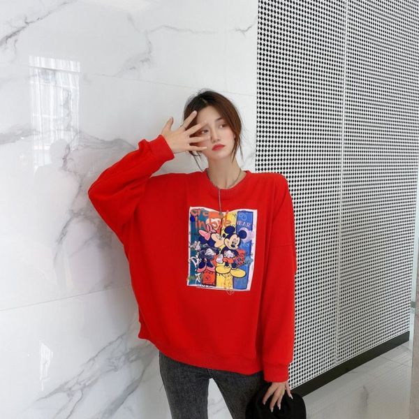 

fashion women's sweater printed loose round neck long sleeve sweater new loose long sleeve gtlqs, Black