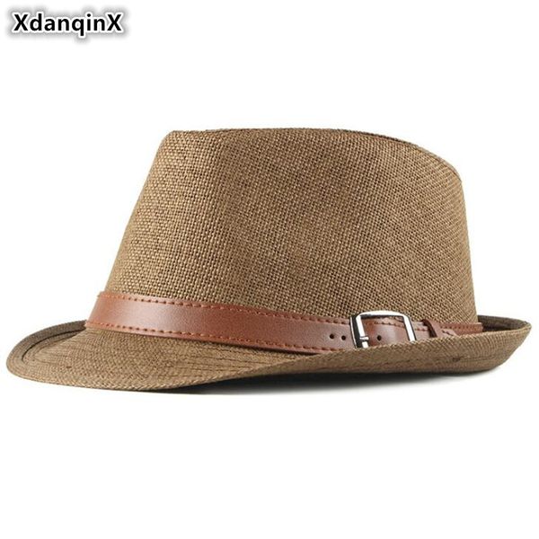 

xdanqinx summer women's straw hat retro gentleman jazz hat men's british fashion fedoras hip-hop sunscreen breathable beach hats, Blue;gray