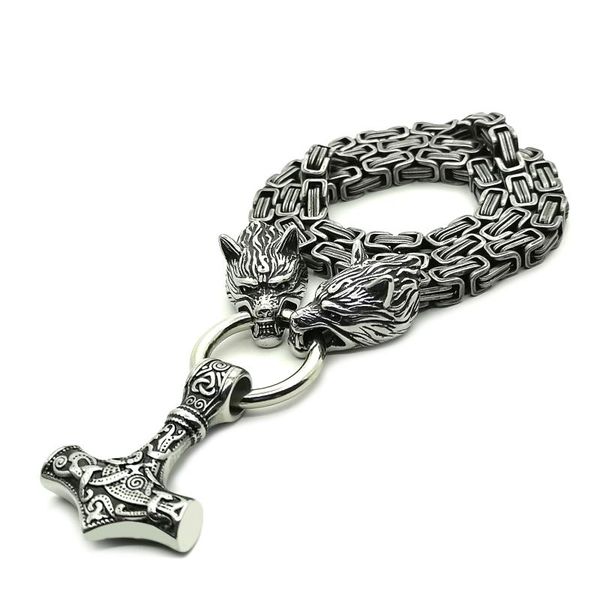 

viking stainless steel wolf head chain nordic thor hammer amulet pendant necklace men vintage necklace viking king chain jewelry, Silver