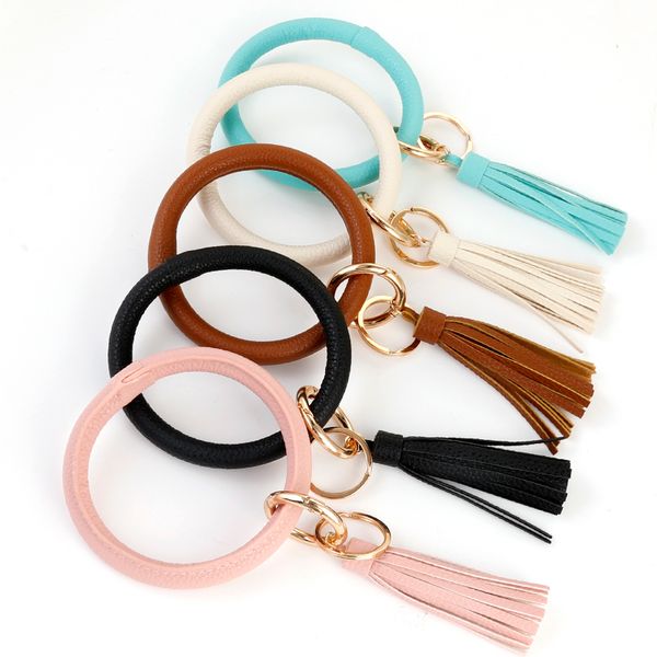

allyes tassel round wristlet keychain for women girls 2020 fashion charm leather bangles key chain jewelry, Black