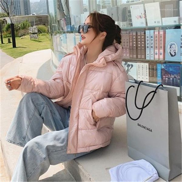 

long sleeve casual hooded coats winter designer female thick solid color keep warm short outerwear ladies glossy down jacket fashion trend, Black;brown
