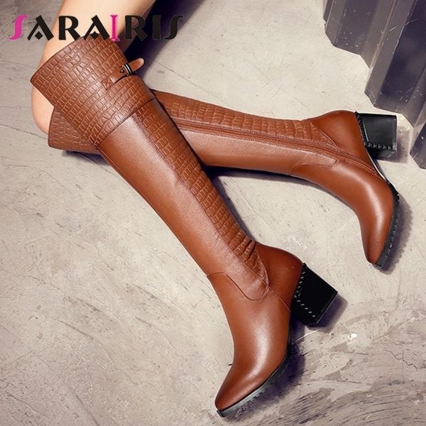 

sarairis 2020 genuine leather big size 34-42 women shoes woman square heels riding boots knee-high boots woman, Black