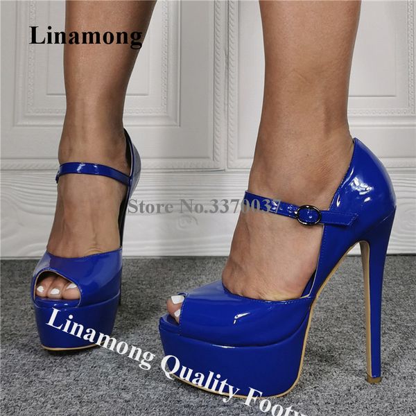 

linamong fashion peep toe high platform stiletto heel sandals blue patent leather ankle strap high heel sandals dress heels, Black