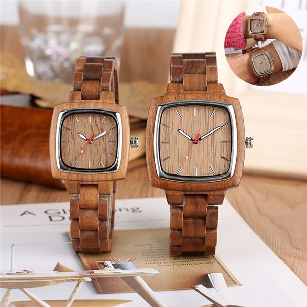

vintage walnut wooden watch couple wristwatch nature wood quartz watches for men women full bamboo band square case gift to lover, Slivery;brown