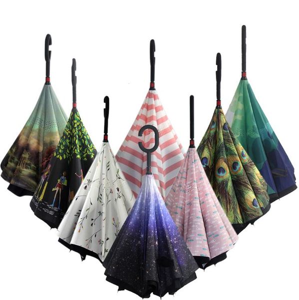 

folding long shank double layer inverted umbrella windproof reverse c-hook male golf umbrella reverse umbrellas for car ing