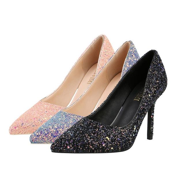 

sandals ladies high heels luxury wedding shoes blingbling sequins leather pointy-toe pump women super heel nightclub, Black