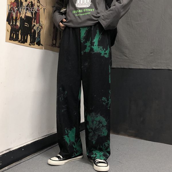 

lychee harajuku tie dyeing women bottom pant straight leg loose autumn lady pants elastic waist wide leg female bottoms trousers cx200807, Black;white