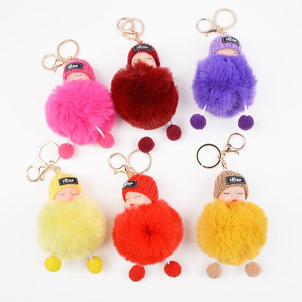 

key chain cute key ring bag pendant car interior pendant plush sleeping doll soft fur ball cute, Silver