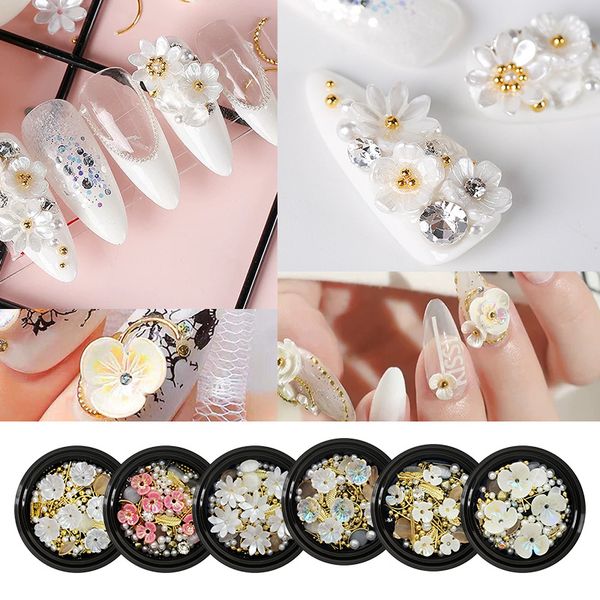 

nail art shell flower jewelry opal japanese pearl rivet diamond 3d nail art charms, shell flowers, alloy jewelry, rhinestones, Silver;gold