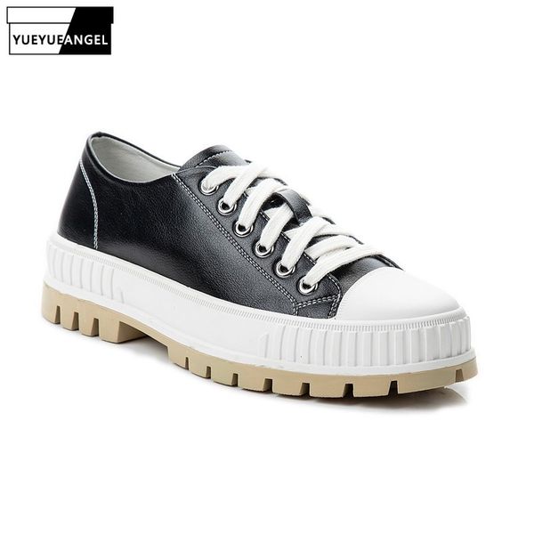 

women casual lace up leather shoes low cut shallow antiskid flats platform shoes classic black white outside joggers sneakers