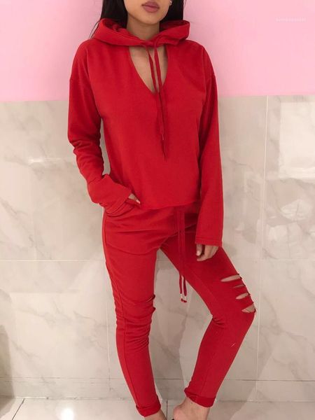 

solid color 2 pieces pants hole autumn fashion long sleeved hooded pullover womens tracksuits womens designer tracksuits, Gray