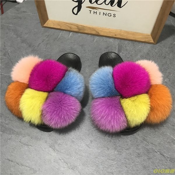 

summer women slippers fur slides for women fluffy slippers house female shoes woman with fur pom pon furry slides, Black