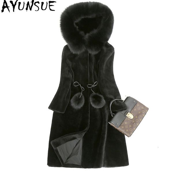 

ayunsue real fur coat female natural sheep shearing overcoat with genuine fur collar hooded wool winter jacket women wyq835, Black