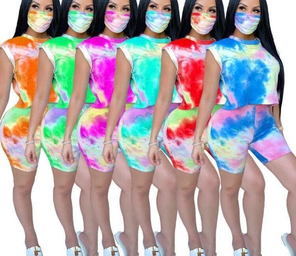 

cm.yaya women with mask sport tie dye print two piece set sleeveless tee shorts jogger sweatpants suit casual trackesuit outfits, Gray