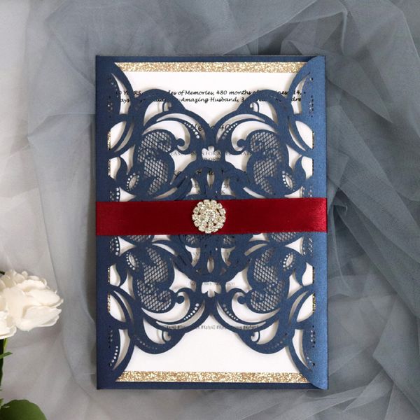 

(100 pieces/lot) laser cut navy blue wedding invitation card luxury engagement baptism glittery invitations with diamond ic126b