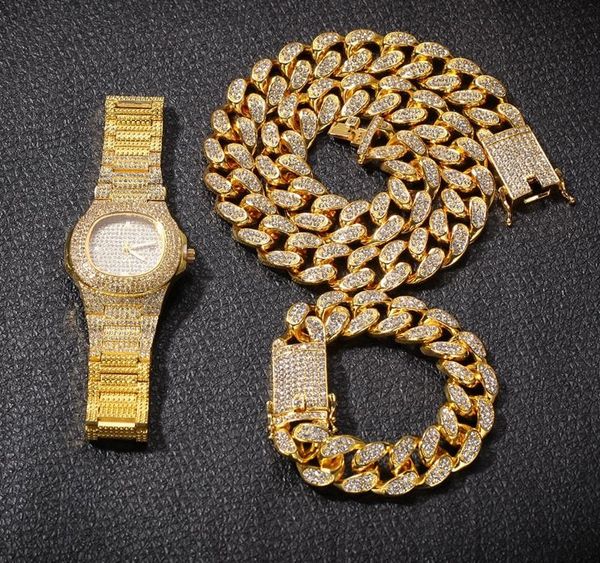 

hip hop bling chains jewelry men necklace iced out diamond cuban link chain rose gold silver watch necklace bracelet set