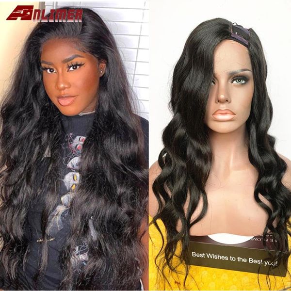 

side part u part wig body wave pre plucked 180 density wavy brazilian remy glueless u human hair wig anlimer, Black;brown
