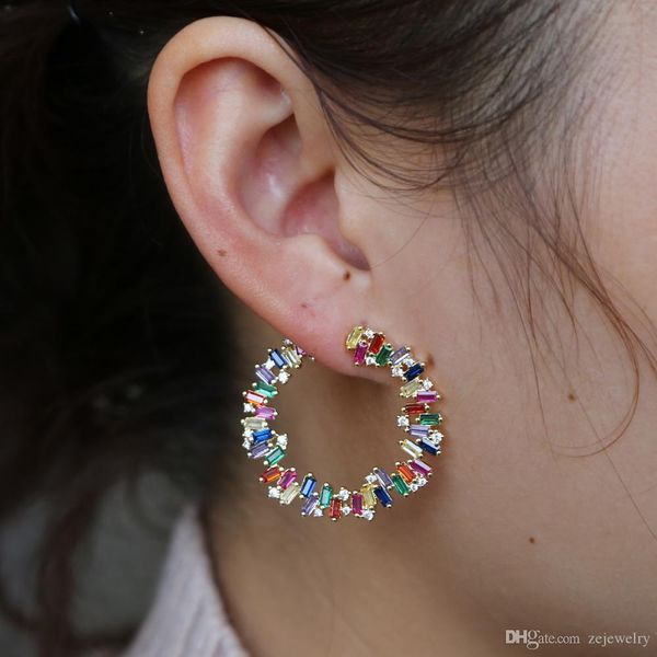 

2018 Luxury Gold color round circle geometric stud earring Baguette rainbow colorful cz paved fashion trendy jewelry for women