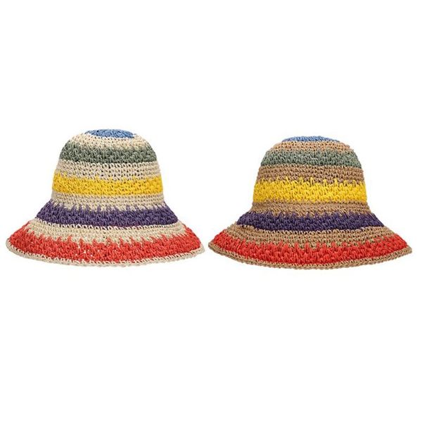 

women summer handmade crochet straw sun hat rainbow colorful stripes patchwork wide brim sunscreen vacation beach cap, Blue;gray