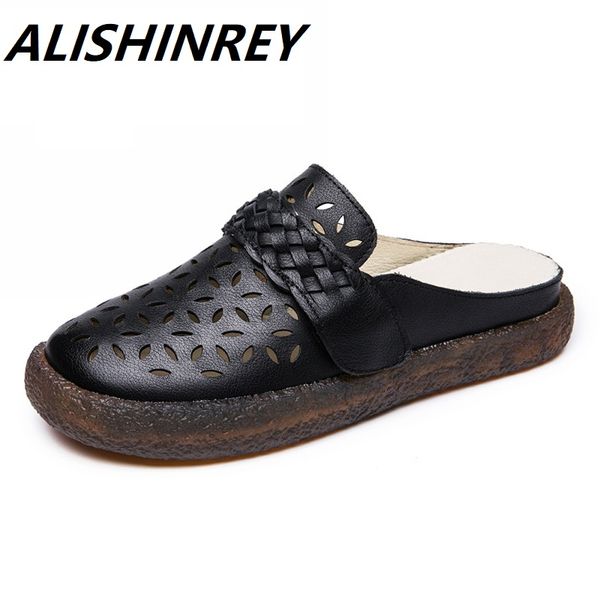 

alishinrey flat shoes woman genuine leather slip on flip flops women slipper summer sandals female retro cut out shoes, Black