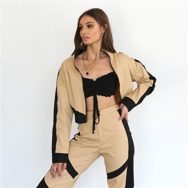 

street styles long sleeve donna clothes designer patchwork womens jacket fashion contrast color zipper fly coat, Black;brown