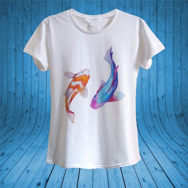 

carps goldfish orange and blue fish t - shirt 100% cotton women big tall tee shirt