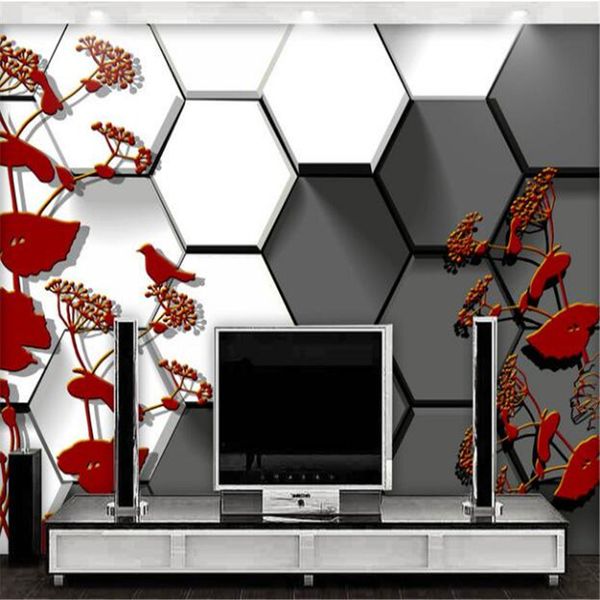 

wallpapers modern custom p 3d black and white chequered hand-painted flower bird bedroom living room tv background mural