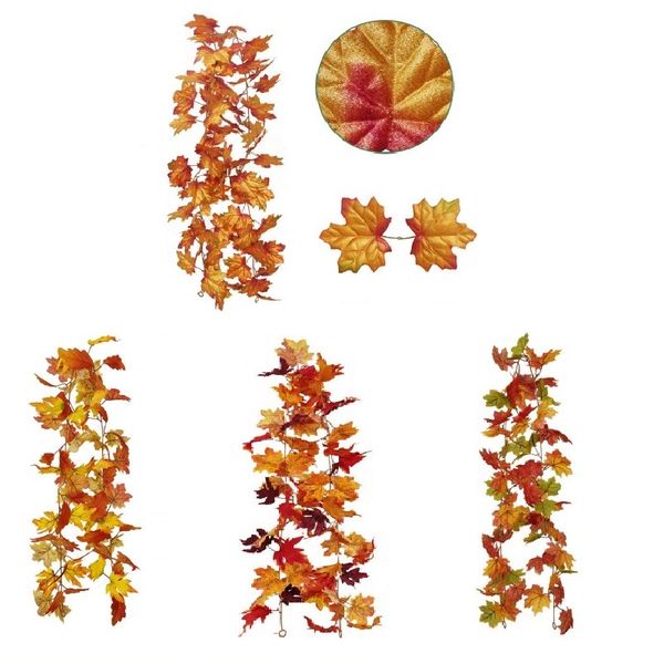 Artificial Maple Leaf Vine 180 centímetros Maple Leaf Rattan Outono Folha amarela Hanging Leaves falsificados Decoração de Halloween de Ação de Graças