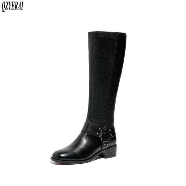

new winter style knee high boots genuine leather women boots warm motorcycle riding snow cowhide women shoes, Black