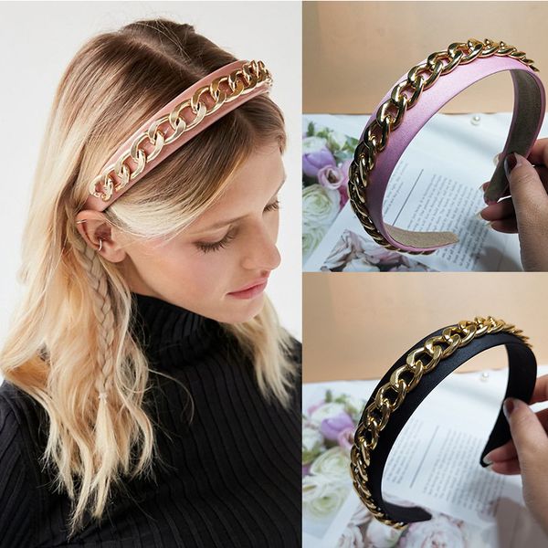 

shuangr gold chains hair bands women hair hoop solid bezel hairbands girls fashion elastic headband accessories wholesale, Golden;silver