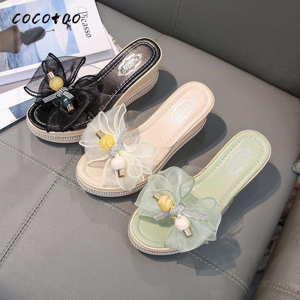 

roman wedge sandals women's high-heeled summer 2020 new fashion bowknot thick bottom muffin slippers slippers, Black