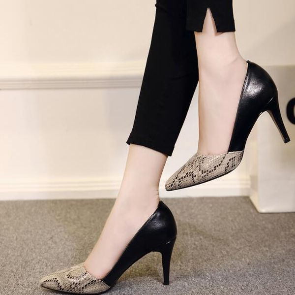 

new high heels dress shoes asakuchi occupation pump women boat shoes color matching pointed toe office shoe ladies large size, Black
