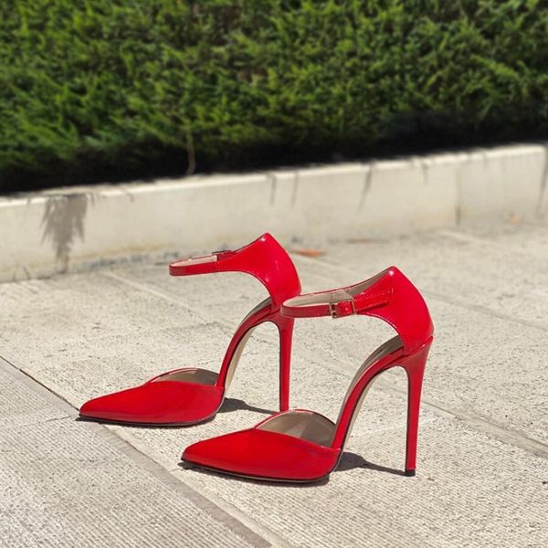 

fashion ankle strap stiletto heels dress shoes yellow red black patent leather pumps cut-out celebrating party shoes drop ship