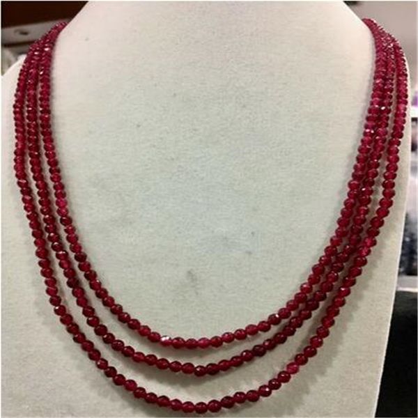 

collier de perles rondes en pierres prÃ©cieuses rubis rouge Ã facettes 3row 4mm 18-20", Silver